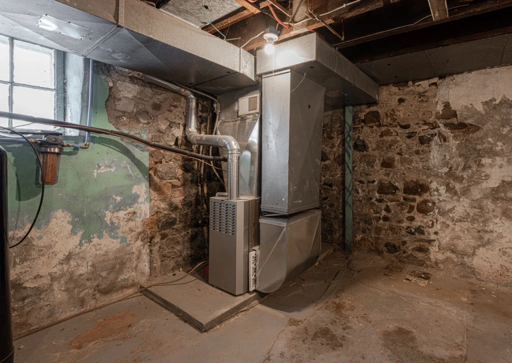 home boiler and furnace system installed in unfinished basement