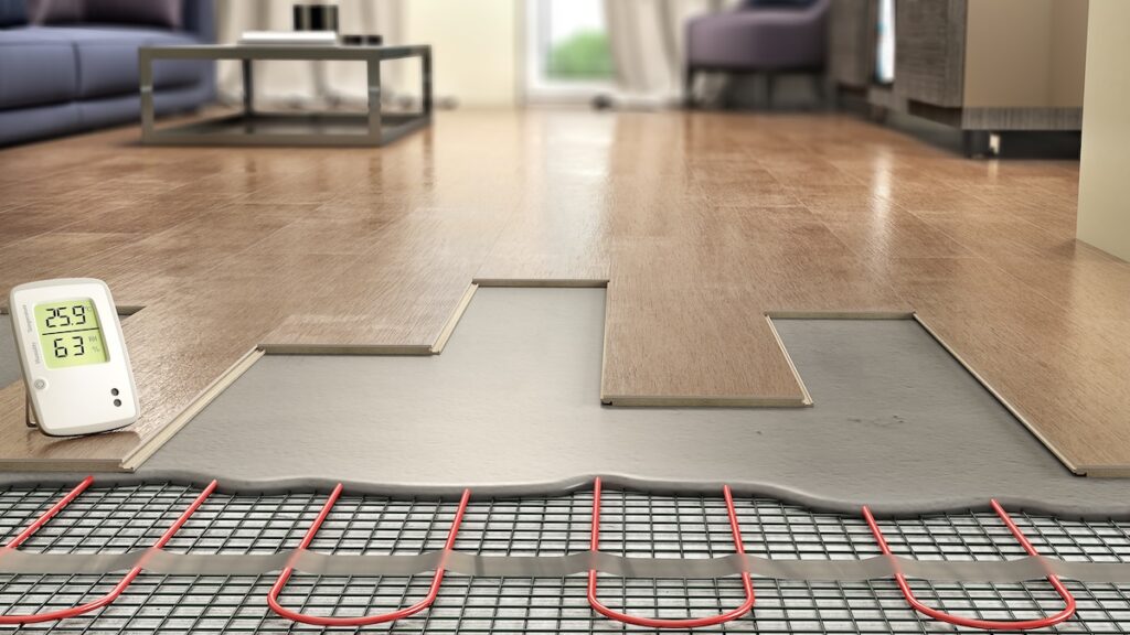 floor heating systems Process of laying laminate panels on floor with underfloor heating, 3d illustration
